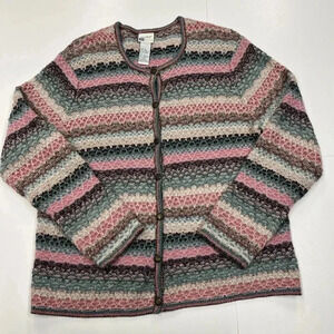 vtg KORET Boho Wool Mohair Cardigan Sweater Sz L Button Up Multicolor